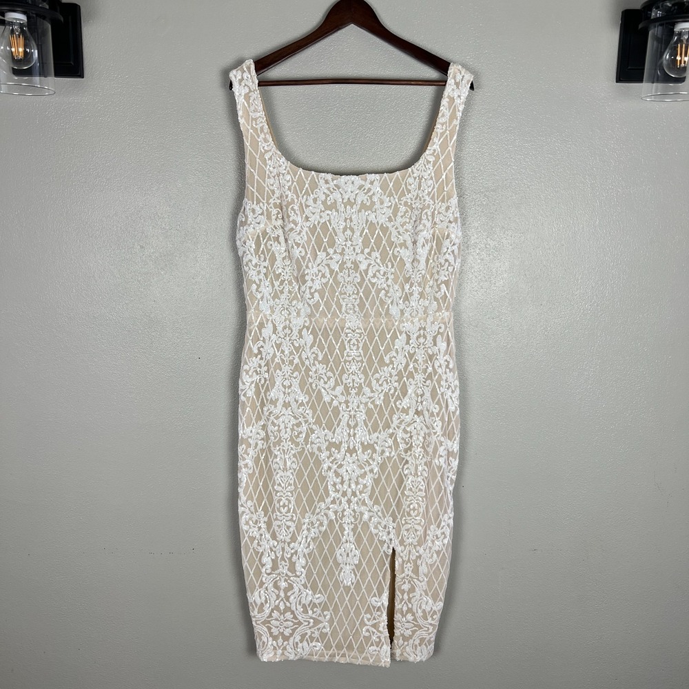 Ricarica Midi Dress‎ Sequin Mesh Womens 1X White Beige Lined Slit Sheath Fitted